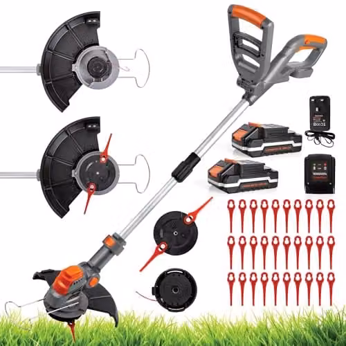 Terratek 20V Cordless Telescopic Strimmer in Orange and Grey with Blade, 2x Rechargeable Batteries and Quick Charger