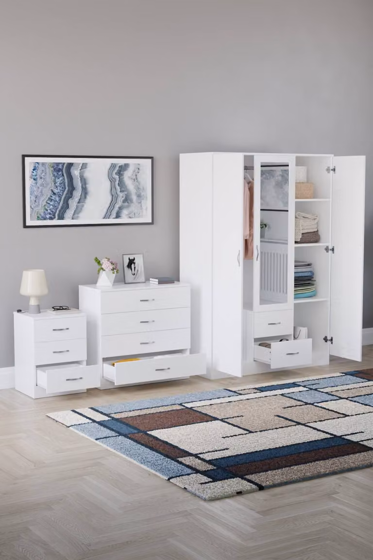 Vida Designs 3-Piece Modern White Bedroom Set including 3 Nightstands, 4-Drawer Chest and Mirrored Wardrobe