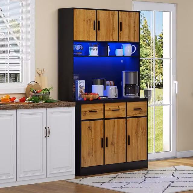 Aosom UK Tall Pantry Cabinet with App-Controlled LED Lighting and Water-Resistant Worktop, Black and Natural, W: 40 cm, D: 100 cm, H: 180 cm
