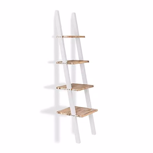 Florence White Wooden Ladder Shelf, Scandinavian Style Open-Back Shelving Unit, H 170 x W 38 x D 44 cm – 2