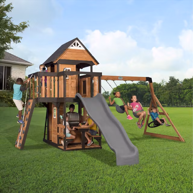 Backyard Discovery Canyon Creek Wooden Climbing Frame with Swings and Slide, Brown
