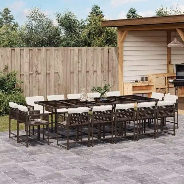 Berkfield Home 15 Piece Brown Poly Rattan Garden Dining Set with Cushions and Glass Tabletop
