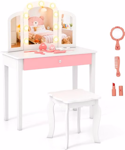 Costway 2-in-1 Toddler Vanity Table and Stool Set in White