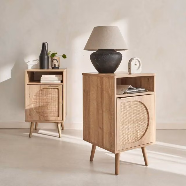 sweeek Pair of Modern Wood and Rounded Cane Rattan Bedside Tables in Light Brown