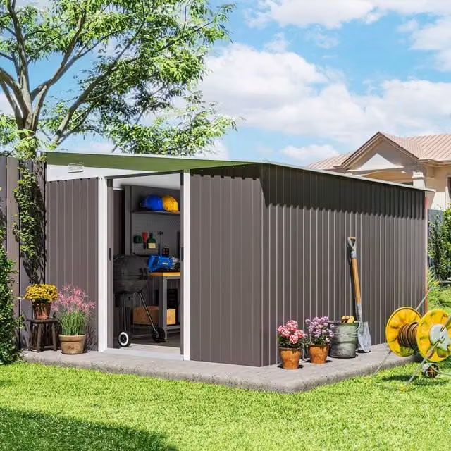 OUTSUNNY Grey Steel Pent Garden Storage Shed with Sliding Doors and Side Vents
