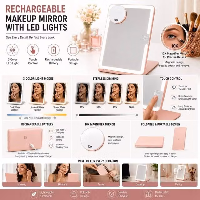 ATEK Rechargeable Portable Travel Makeup Mirror, Rotating Foldable Tabletop Cosmetic Mirror in Pink