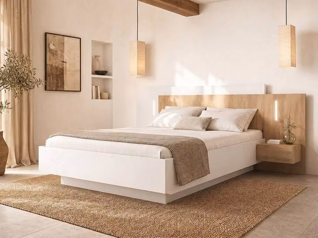 Vente-unique Modern Double Divan Bed with Bedside Tables and Under-bed LED Lighting in Light Oak and White, W/D/H: 200 x 160 x 102 cm