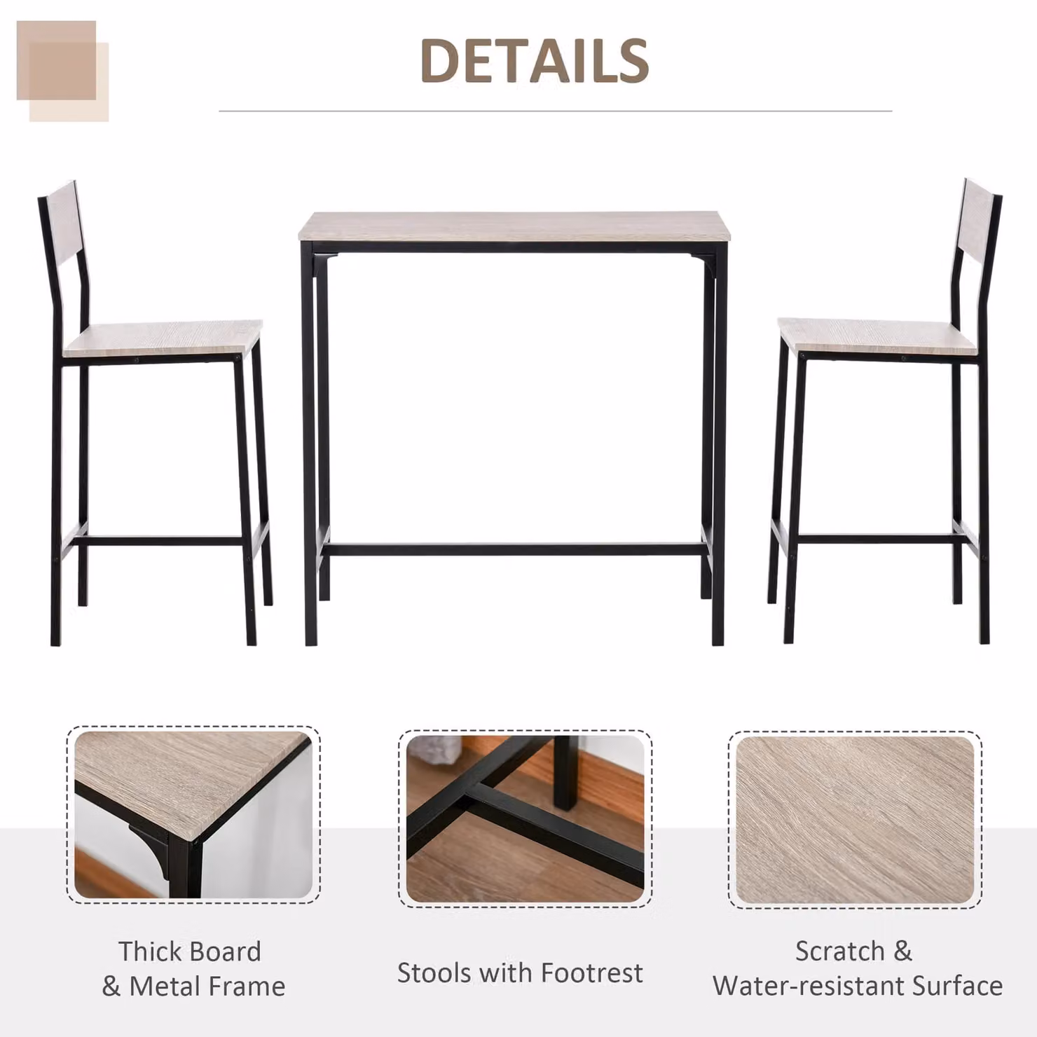 HOMCOM 3 Piece Industrial Table and Stool Set with Metal Frame and Brown MDF Panels – 3