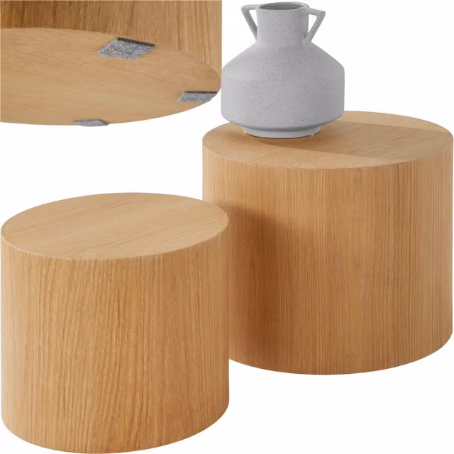 Tectake Danny 2 Piece Set of Round Coffee Tables in Light Oak Effect