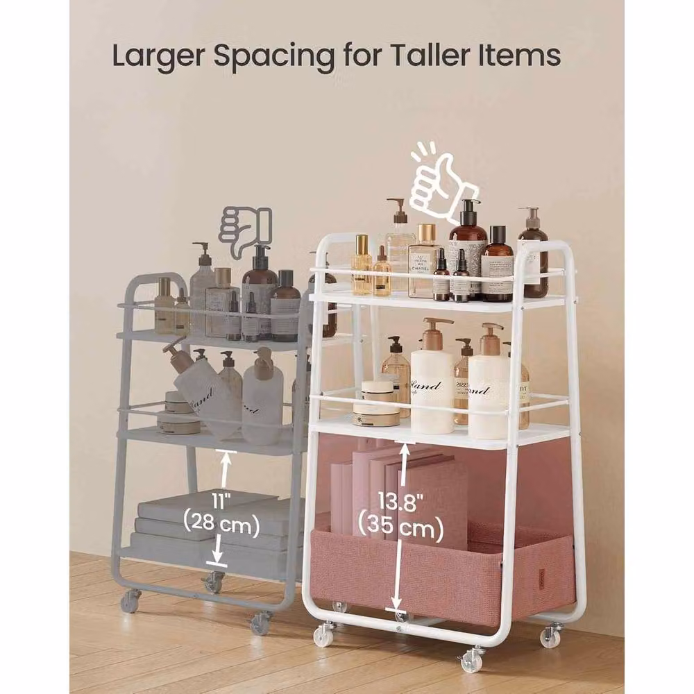 The Bazaarist 3 Tier Rolling Storage Cart with Fabric Baskets in White and Brown – 3