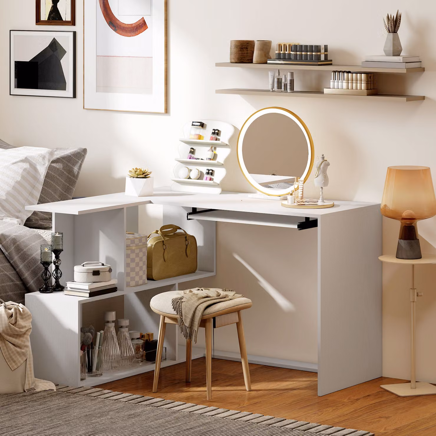 HOMCOM L-Shaped Corner Computer Desk with Keyboard Tray and Open Shelves, White Wood Effect, W/D/H: 120 x 27.5 x 76 cm – 5