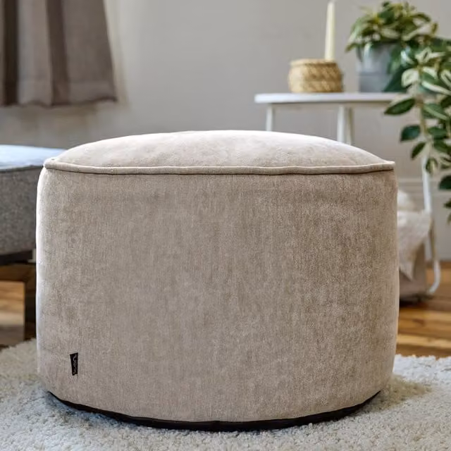ICON Large Round Chenille Pouffe in Beige
