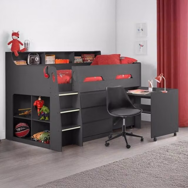 Julian Bowen Jupiter Midsleeper Cabin Bed in Anthracite Grey with Stairs and Drawers, 90 x 190 cm – 1