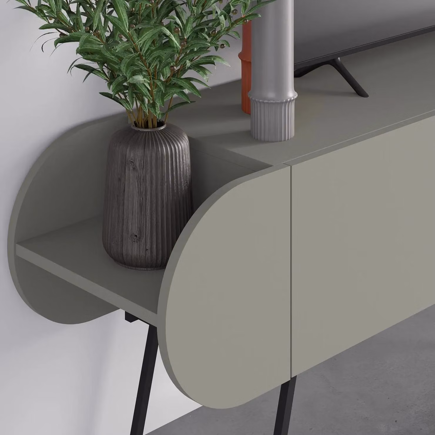 FWStyle Ash Green Capsule TV Stand with 2 Doors and Side Shelves, W: 195 cm, D: 37 cm, H: 58 cm – 2