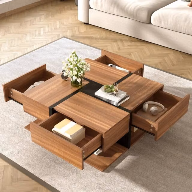 BTM Modern Square Coffee Table with 4 Drawers and Bottom Storage in Brown – 1