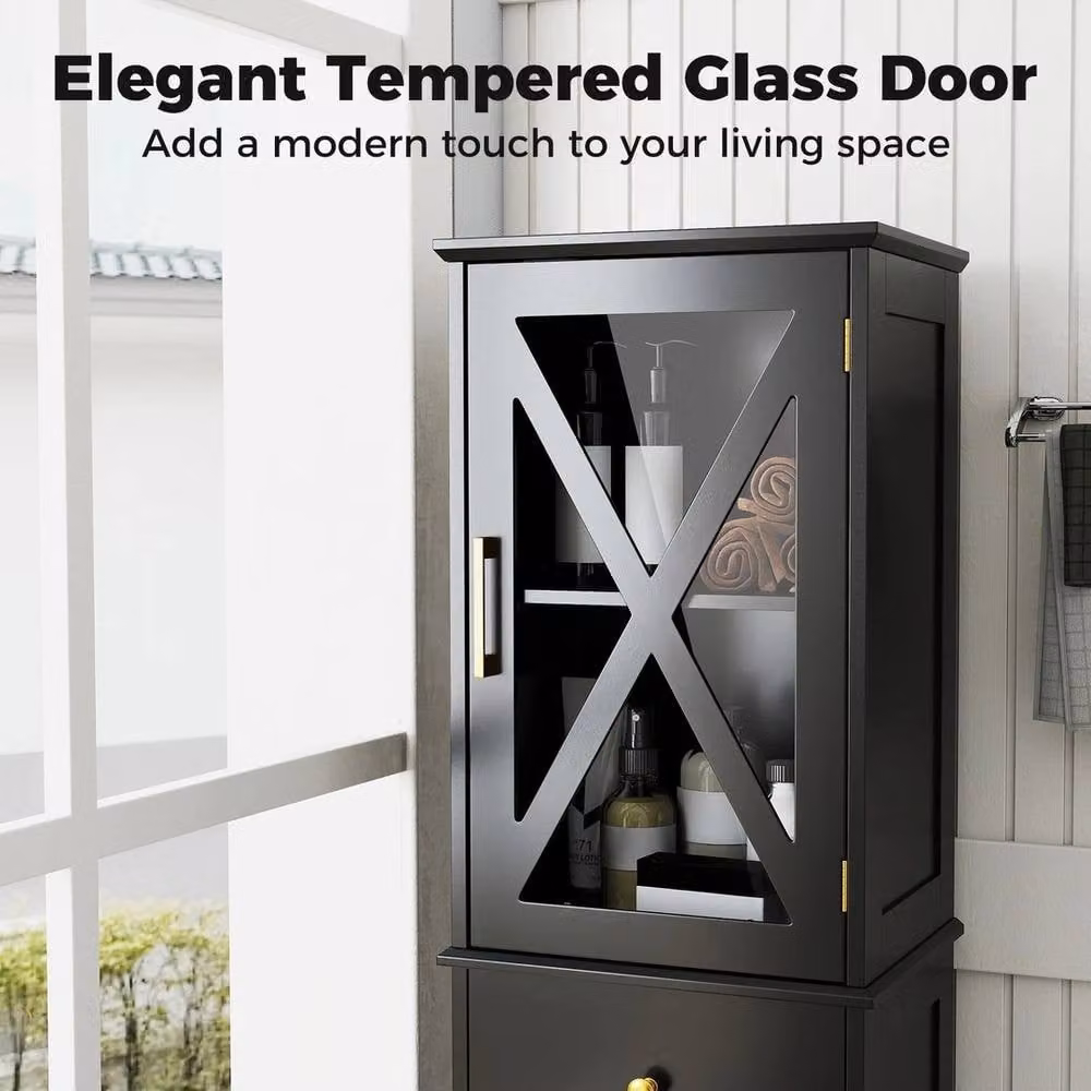 VOGREX Black Modern Freestanding Bathroom Storage Cabinet with Glass Doors and Internal Shelves and Drawers, H: 168 cm, W: 30 cm, D: 30 cm – 5