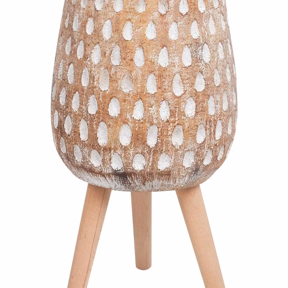 Wyld and Coco Light Brown Magnesium Round Plant Stand with Beechwood Base and Ceramic Tub, H: 61.0 cm, W: 27.0 cm – 2