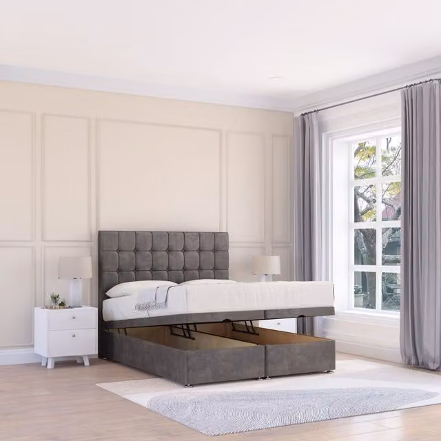 Sloomy Alabama Naples King Size Fabric Ottoman Bed in Dark Grey with Sprung Memory Mattress and 26 Inch Headboard, W/D/H: 180 x 200 cm