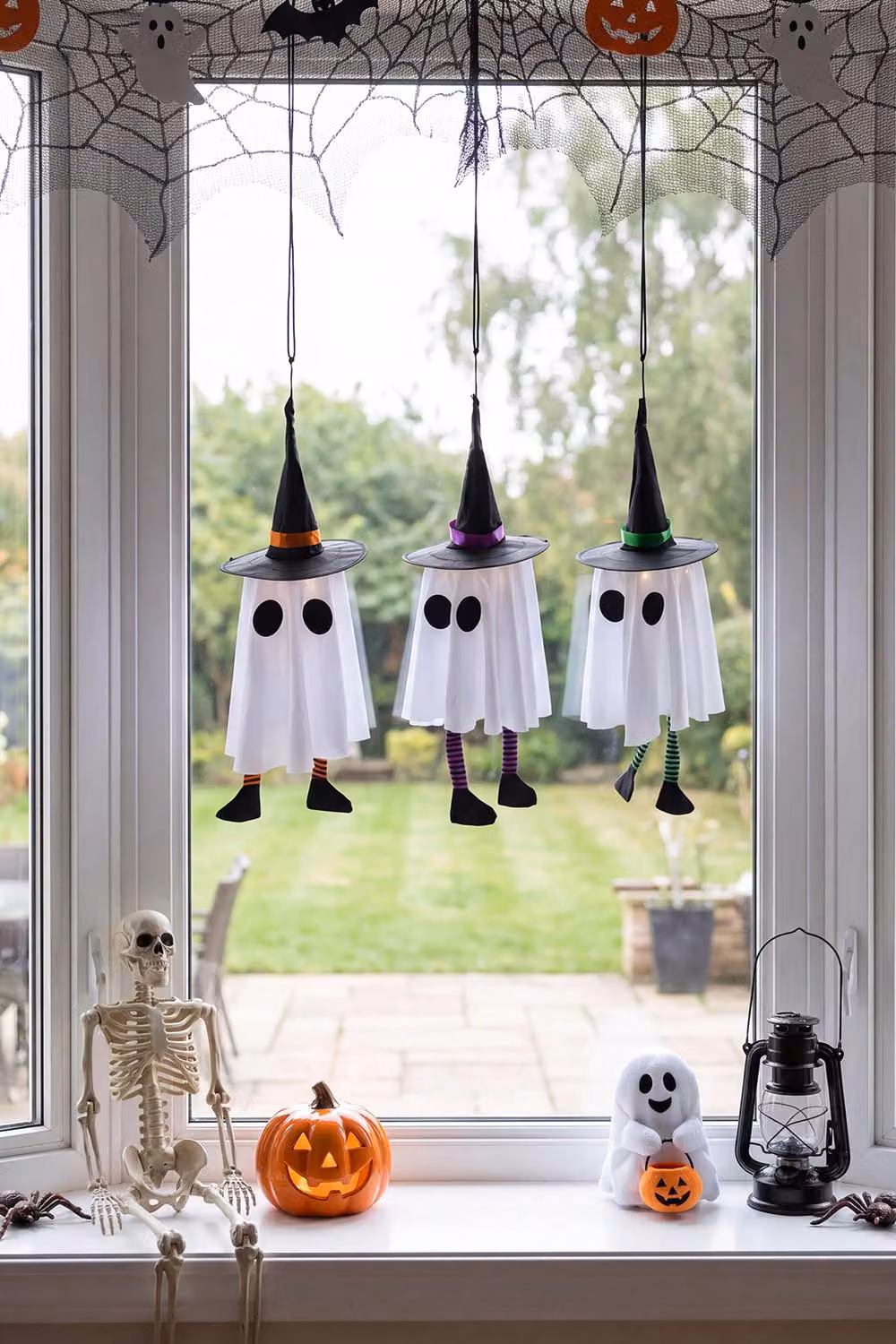 Living and Home 3-Piece White Halloween Hanging Witch Hat and Ghost Decorations with LED Lights – 2