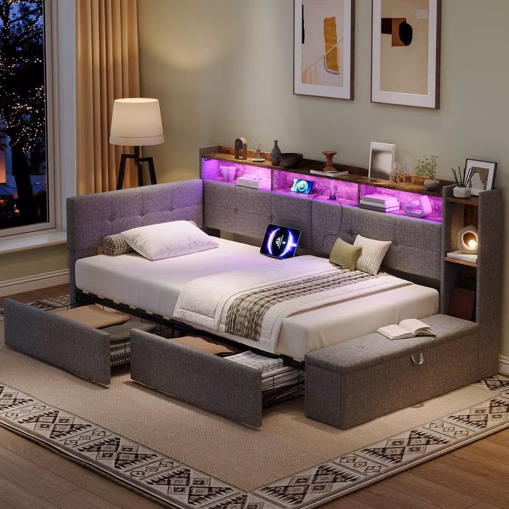 Matteo 3ft Single LED Daybed with Storage Drawers and Ottoman in Grey Linen – 2