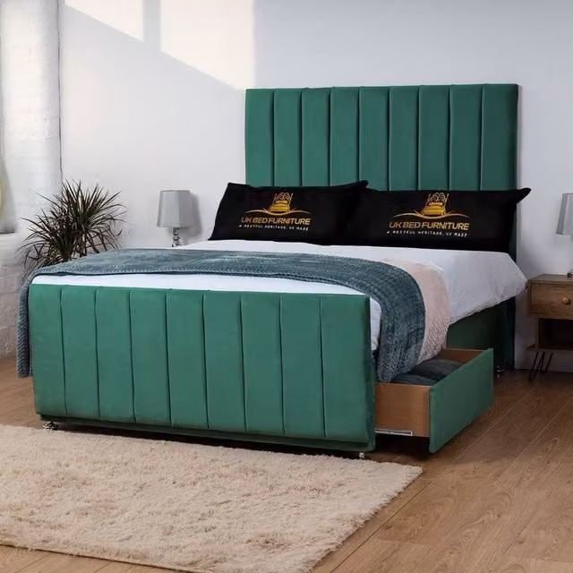UK Bed Furniture Hampton Super King Divan Bed with 4 Drawers and 26 Inch Headboard in Green Fabric