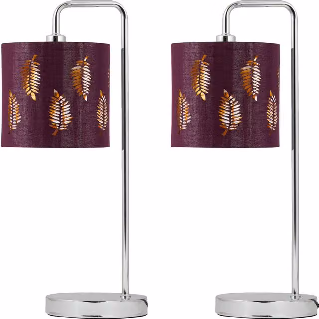 First Choice Lighting Set of 2 Chrome Arched Table Lamps with Burgundy Fabric Shades