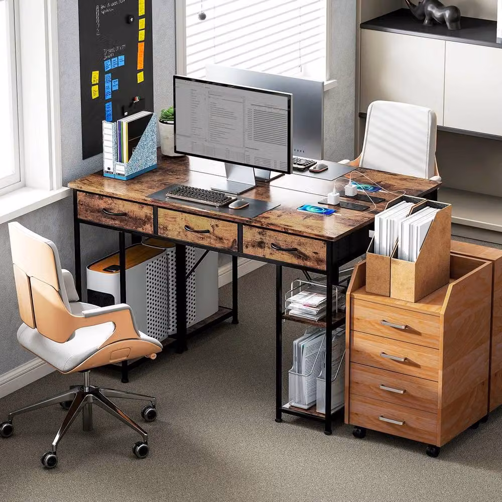 KORVIXA White and Rustic Brown Computer Desk with Wood Finish – 4