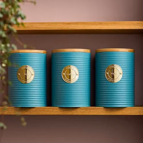 Cooks Professional 3 Piece Ribbed Tea, Coffee and Sugar Canister Set with Airtight Bamboo Lids in Petrol and Gold Stainless Steel – 2