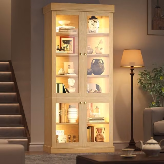 Aosom UK Industrial Modern Display Cabinet with Glass Doors, Integrated Lighting and Internal Shelves, Brown, W/D/H: 40 x 40 x 180 cm