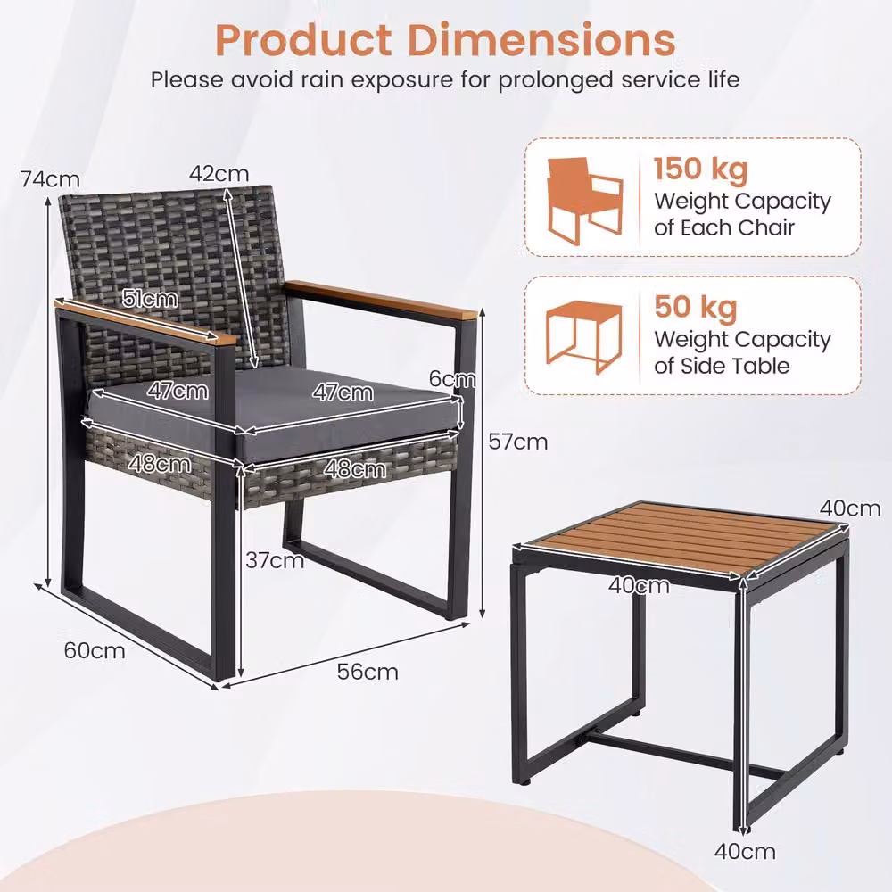 Costway 3-Piece Grey PE Wicker Patio Conversation Set with Cushions and Side Table – 2
