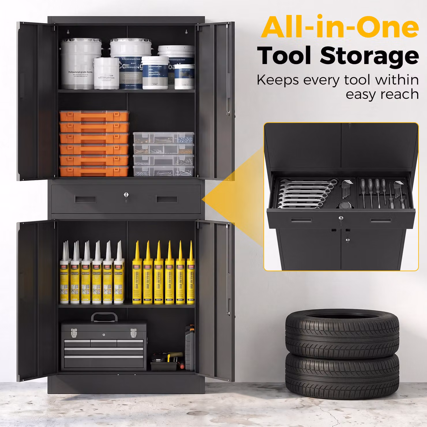 HOMCOM Black Metal Storage Cabinet with Locking Hinged Doors, Drawers and Internal Shelves, Height: 180 cm – 4