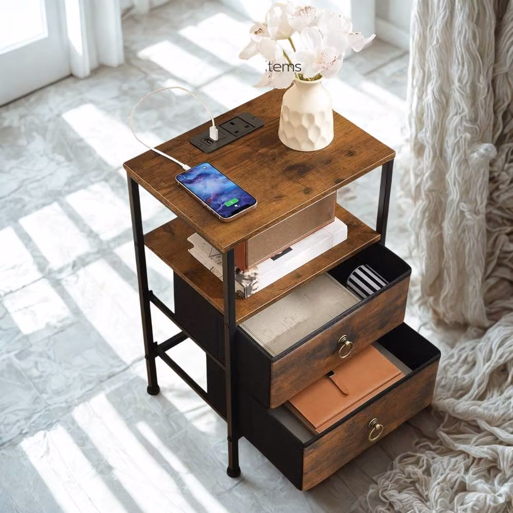 FURNOS Smart Bedside End Table with Drawers and USB Ports, Brown, W/D/H: 40 x 30 x 60 cm – 2