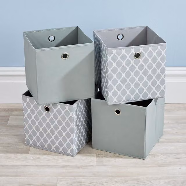 Home Source 4 Piece Set of Folding Square Fabric Storage Utility Boxes with Drawers in Grey and Multicolour, W: 27.0 cm, D: 27.0 cm, H: 27.0 cm