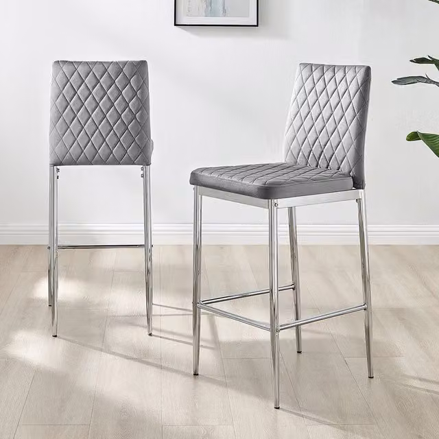 FurnitureboxUK Set of 2 Modern Milan Grey Velvet Bar Stools with Chrome Legs