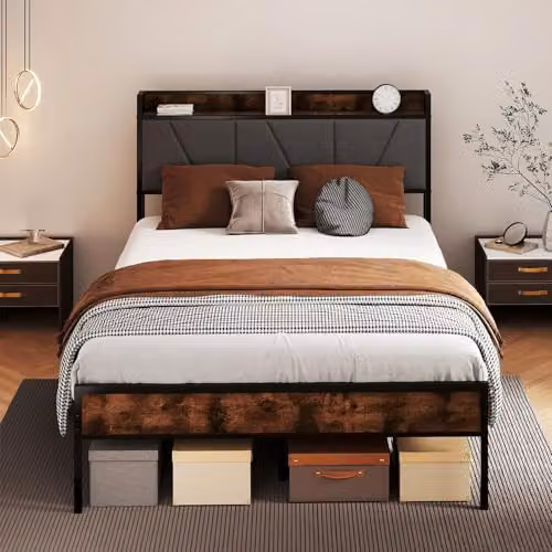 Levede Rustic Brown Upholstered Bed Frame with Side Compartments and Bedside Shelf, W/D/H: 140 x 200 cm