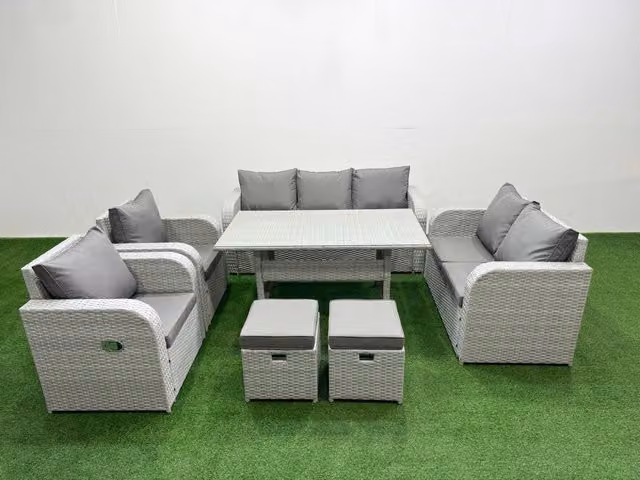 Fimous PE Rattan Garden Furniture Set in Light Grey with Reclining Chairs, Double Love Seat, Rectangular Dining Table and 2 Stools