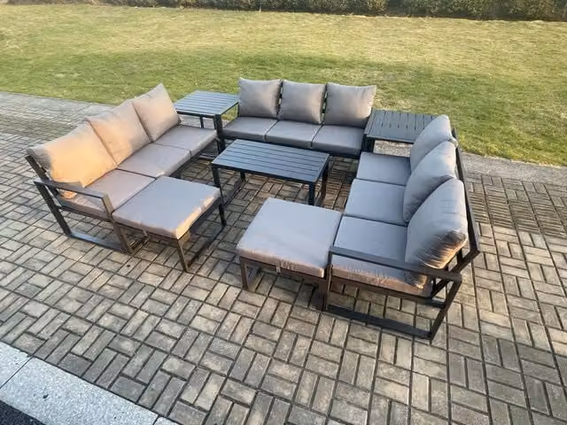 Fimous Aluminium Outdoor Garden Furniture Set in Dark Grey with Cushions, Coffee Table, Ottoman and Side Tables