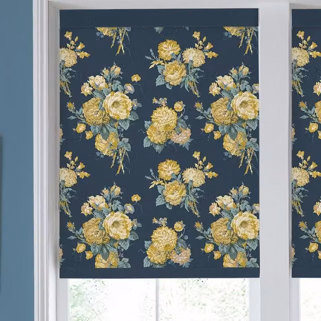 Laura Ashley Cecilia Translucent Made to Measure Roller Blind in Buttercup Yellow with Blue Floral Pattern