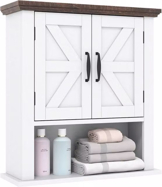 VOGREX White Farmhouse Wall Mounted Bathroom and Kitchen Medicine Cabinet with Internal Shelves and Hinged Doors
