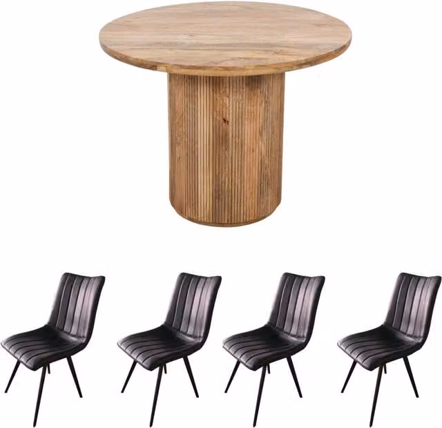 IH Design Modern Round Mango Wood Dining Table and 5 Chairs Set in Brown and Black