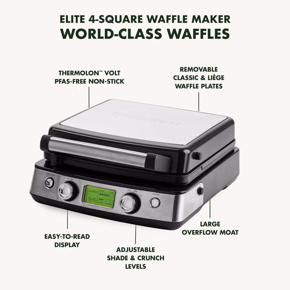 GreenPan Elite Belgian Waffle Maker with Removable Ceramic Non-Stick Plates and Digital Display in Black – 4