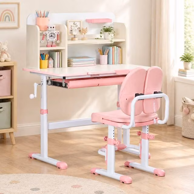 STILVORA Kids Desk and Chair Set with Adjustable Tilting Top and Storage in Pink