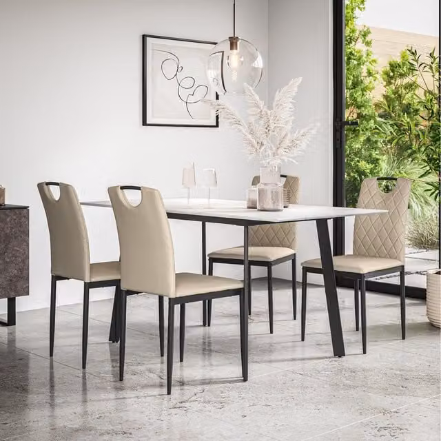 More4Homes Haydon Extending Marble Effect Dining Table and 6 Monza Faux Leather Chairs Set in Beige, White and Black, W/D/H: 120 x 80 x 76 cm