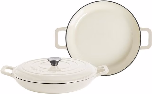 Argon Tableware Pack of 2 Shallow Cast Iron Casserole Dishes in Pebble Gloss White