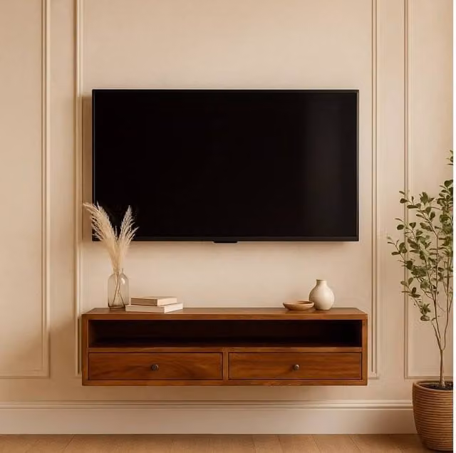 STILVORA Modern Wall Mounted Mango Wood Media Unit with 2 Drawers and Shelf in Brown – 1