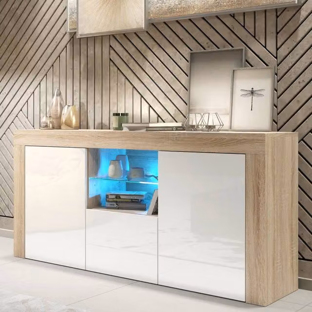 Mex Furniture LTD Aurora Sideboard in Oak and White Gloss with Integrated LED Lighting, W: 145 cm, H: 70 cm, D: 35 cm