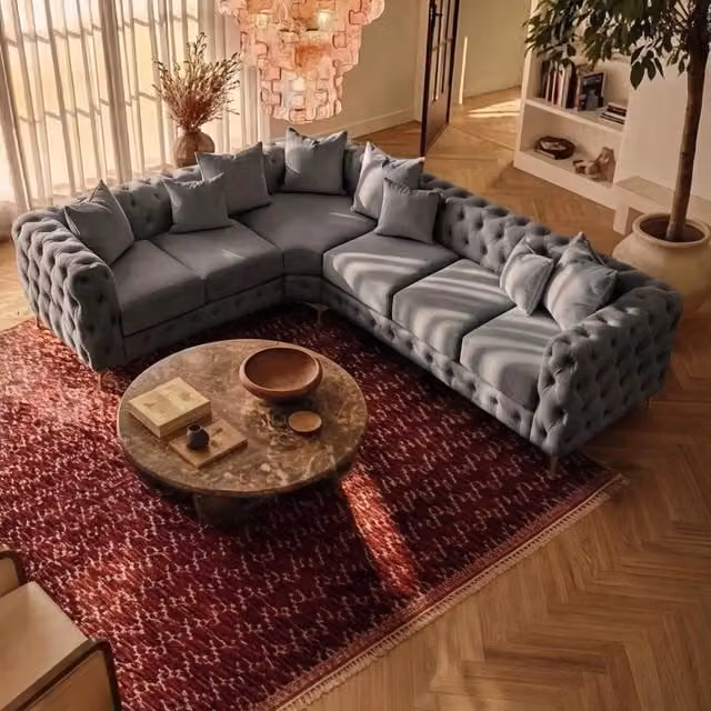 Sofaya Monaco Chesterfield 6 Seater L-Shape Corner Sofa in Grey Velvet with Left Hand Chaise – 1