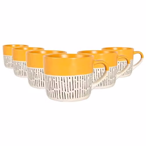 Nicola Spring Mustard Dipped Dash Stoneware Ceramic Coffee Mug Set, 6 Pieces, 475ml, Yellow