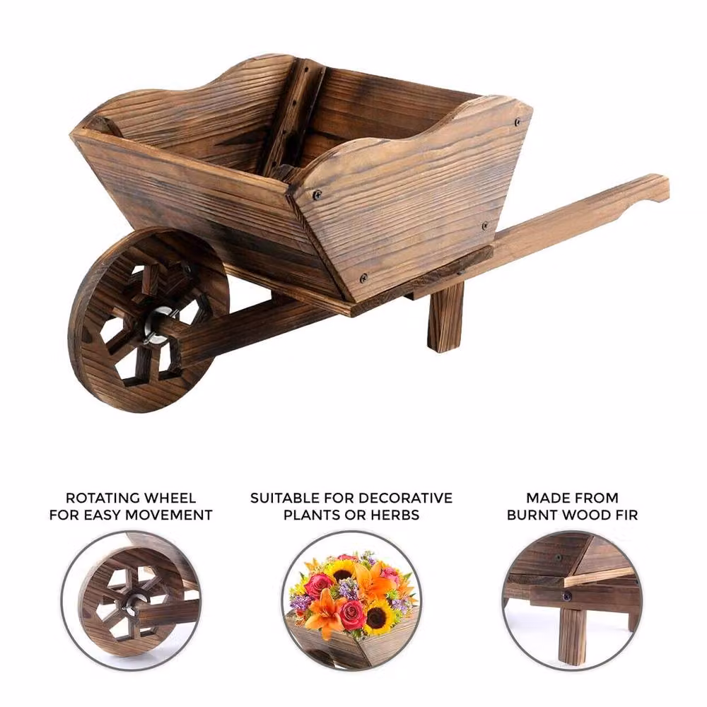 FLAVORA Brown Wood Wheelbarrow Planter Box, W/D/H: 32.0 x 27.7 x 27.7 cm – 5