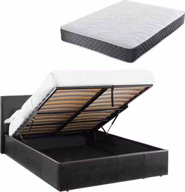 Luna 3ft Single Ottoman Bed in Black Faux Leather with Hybrid Spring and Foam Mattress, W: 90 cm, L: 190 cm